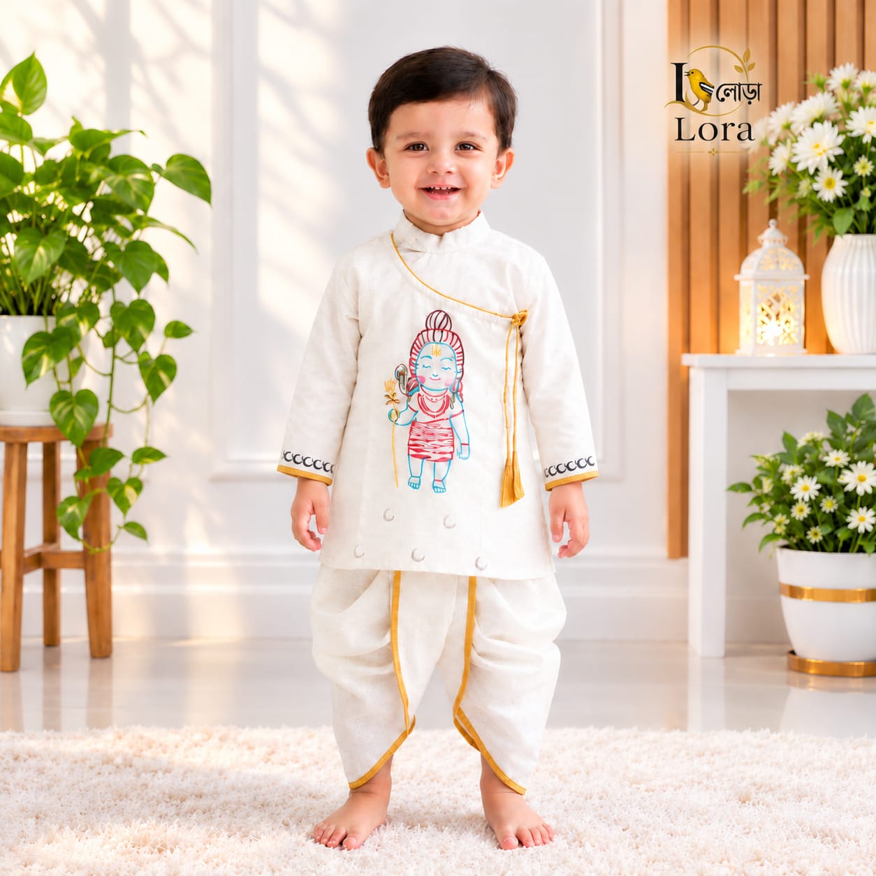 Kids Shib Off-White panjabi & Off-White Dhuti - ১ ০ ০ % সুতি কাপড় ( স্ল্যাব কটন )