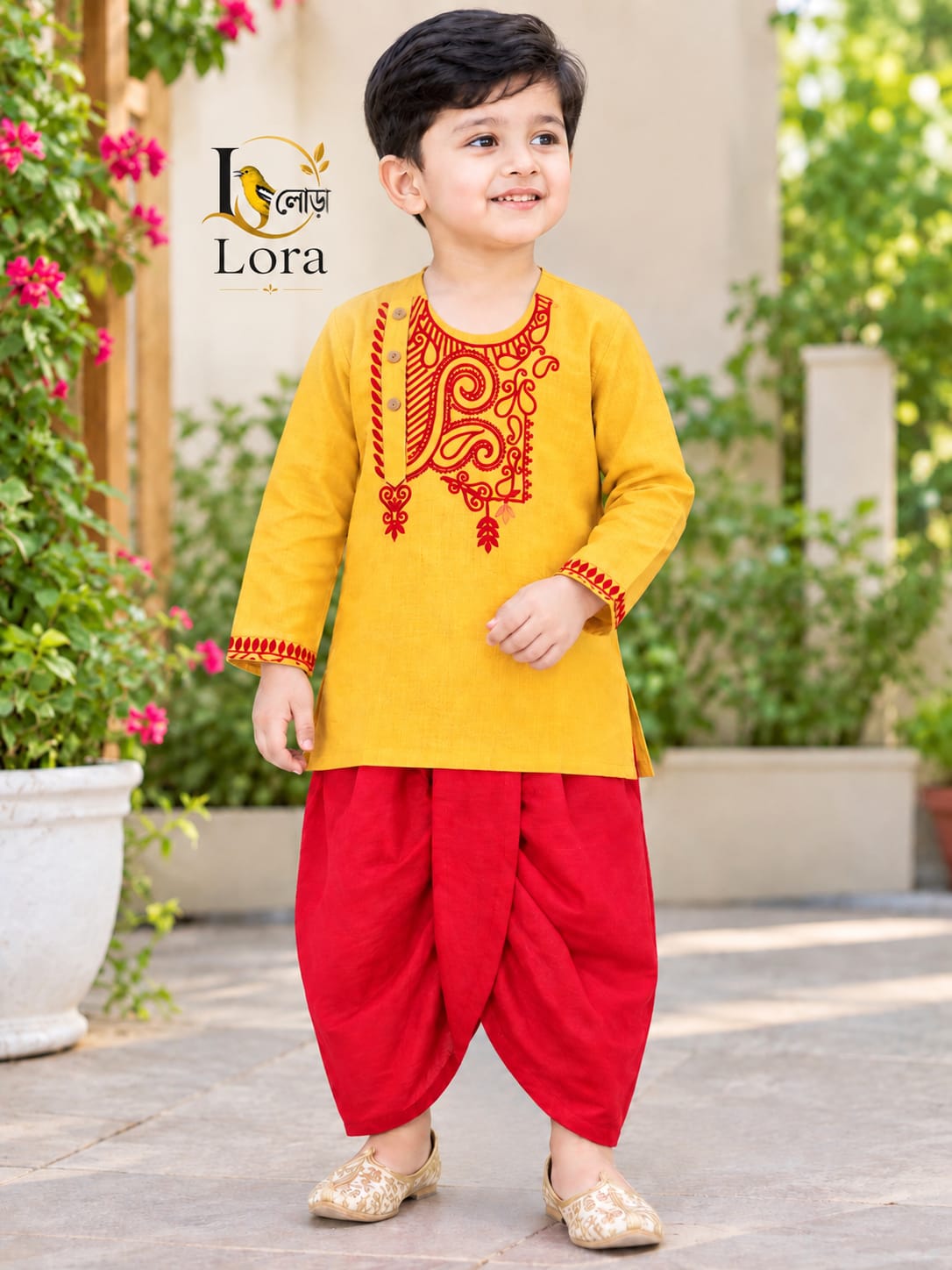 Yellow Panjabi & Red Dhoti Set – ১ ০ ০ % সুতি কাপড় ( স্ল্যাব কটন )