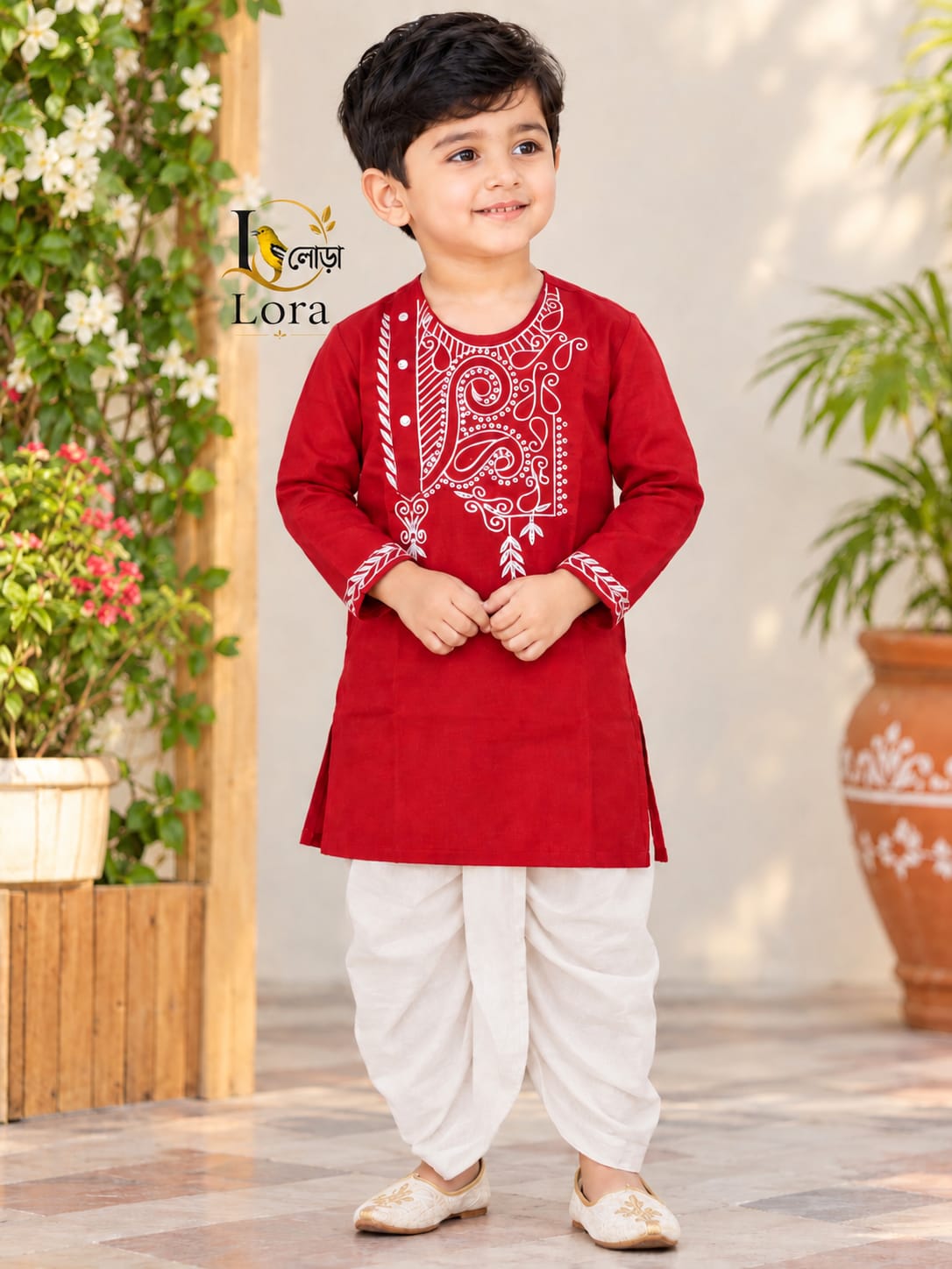 Kids Red Panjabi & White Dhoti Set – ১ ০ ০ % সুতি কাপড় ( স্ল্যাব কটন )