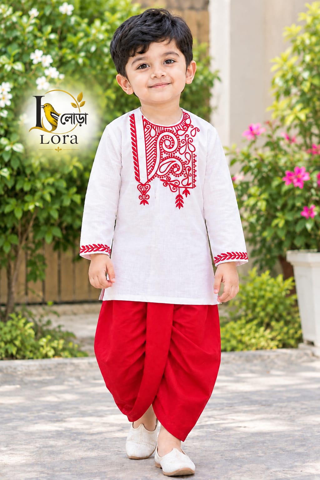 )Kids White Panjabi & Red Dhoti Set – ১ ০ ০ % সুতি কাপড় ( স্ল্যাব কটন )