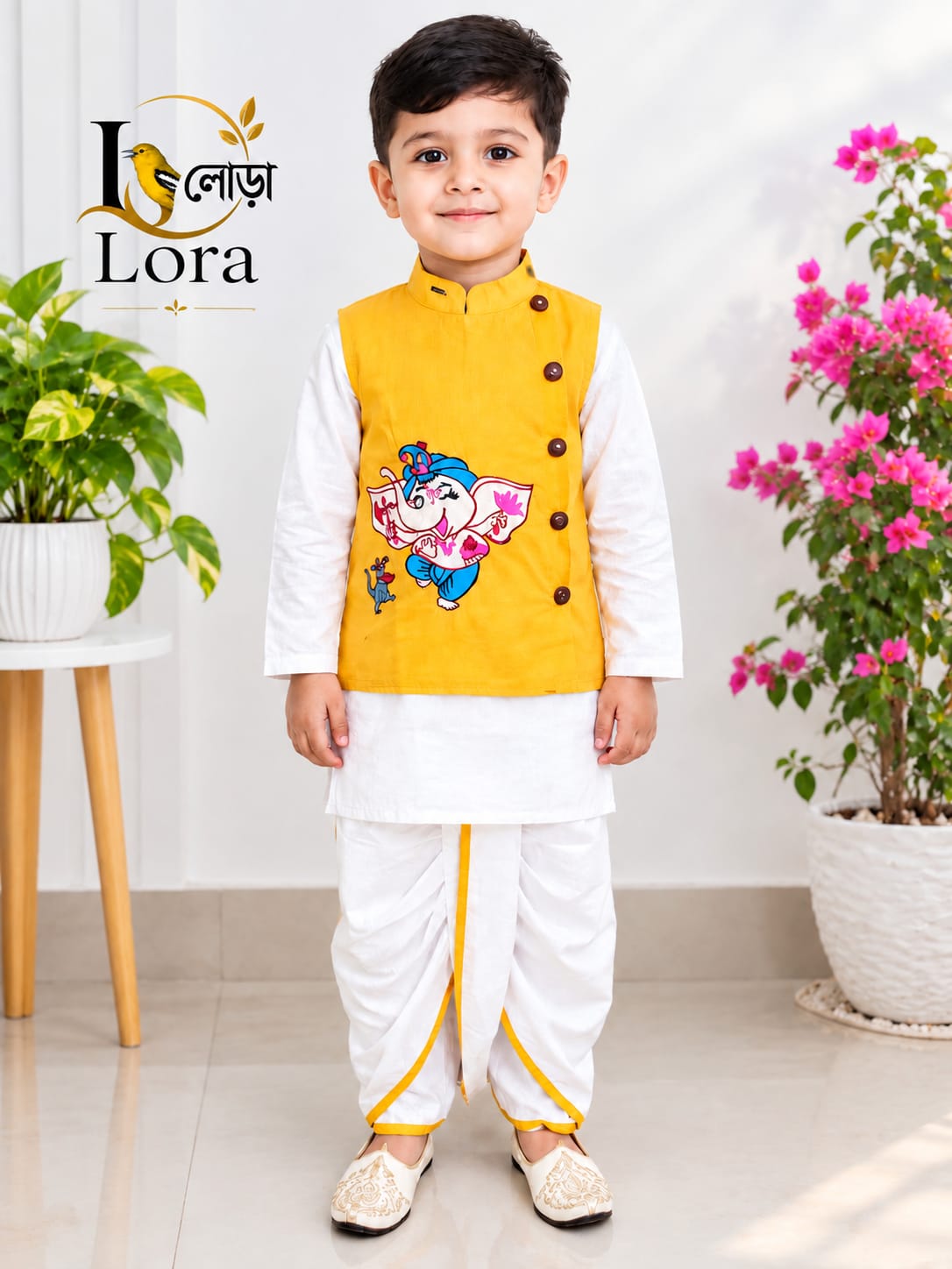 Yellow Gonesh Koti White Panjabi Dhoti - ১ ০ ০ % সুতি কাপড় ( স্ল্যাব কটন )