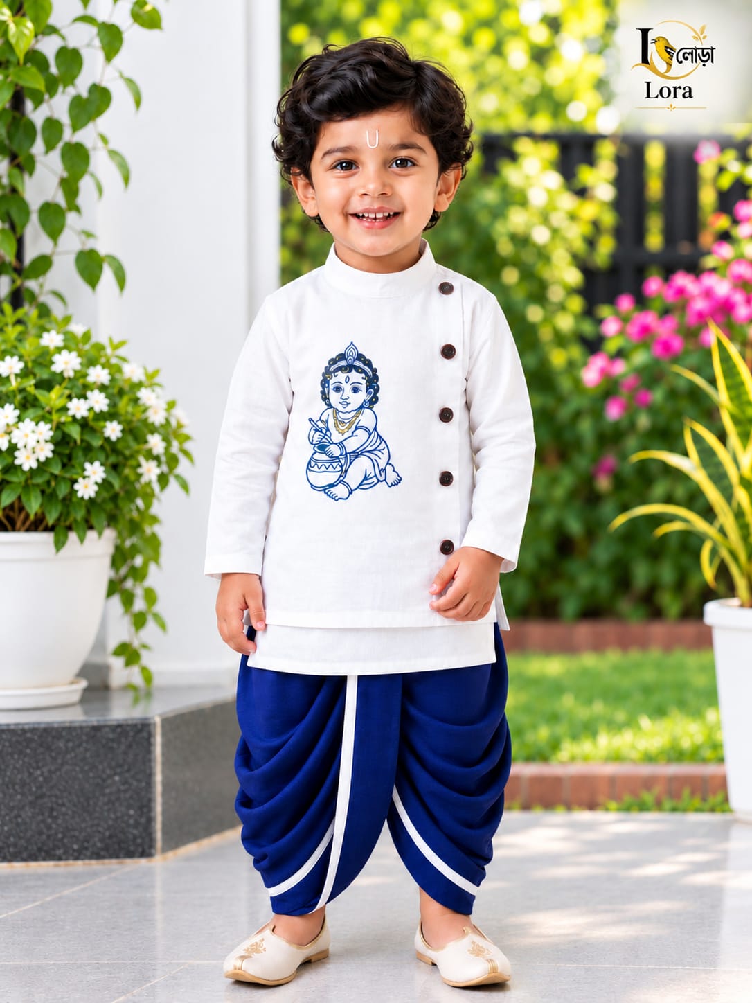Kids Kisno White Koti & White Panjabi .Navy Blue Dhoti Set - ১ ০ ০ % সুতি কাপড় ( স্ল্যাব কটন )